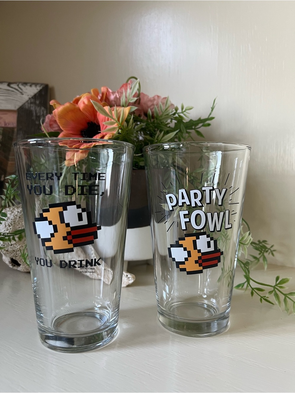 Party Fowl Pixel Bird Pint Glasses - Clear with Orange / Red Accent - Set of 2